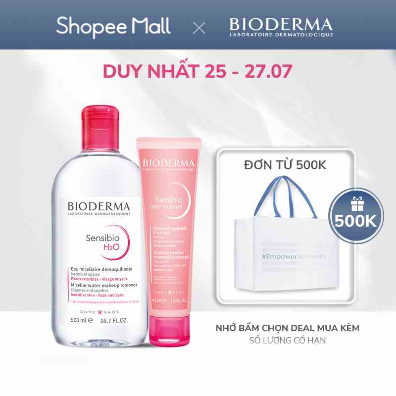 Bộ nước tẩy trang và làm sạch micellar cho da nhạy cảm Bioderma Sensibo H2O 500ml và gel rửa mặt tạo bọt 45ml