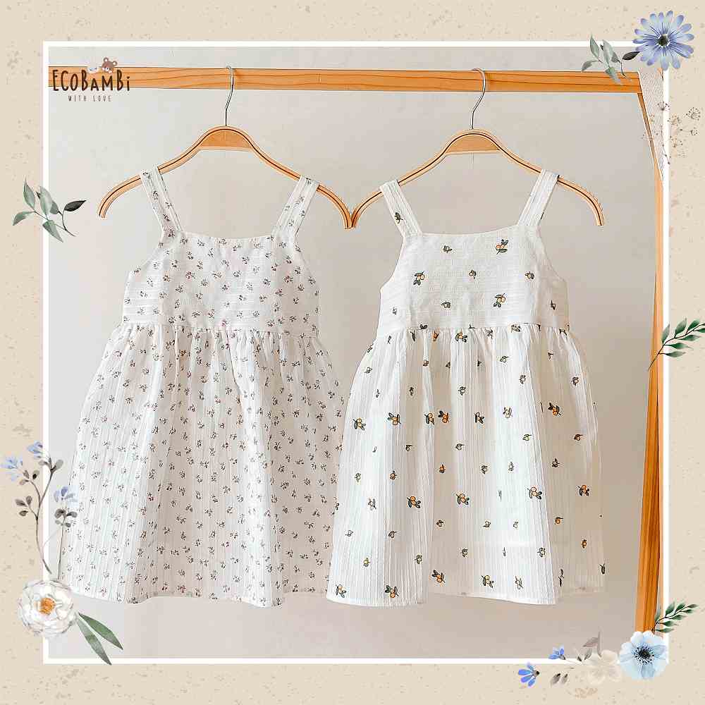 Đầm công chúa babydoll hai dây, màu trắng cotton thêu hoạ tiết dành cho bé gái - Ecobambi