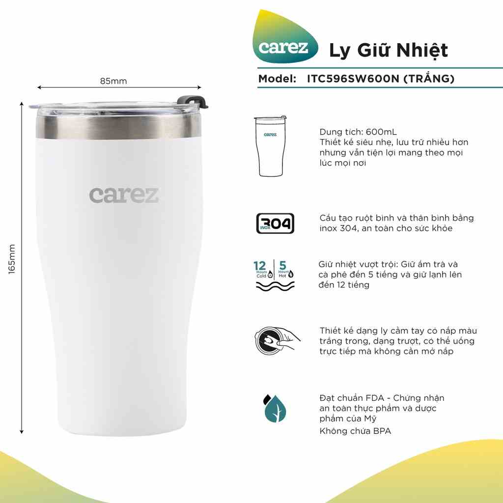 LY GIỮ NHIỆT CAREZ 600ml ITC596SW600N