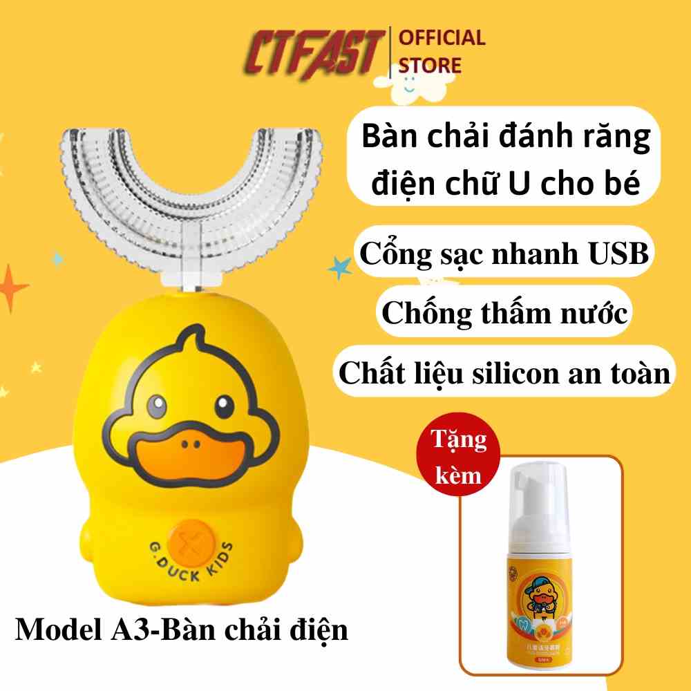 Bàn chải đánh răng điện chữ U cho bé CTFAST A3, độ tuôi từ 2-12, giúp bé vệ sinh răng miệng -Tặng kem đánh răng