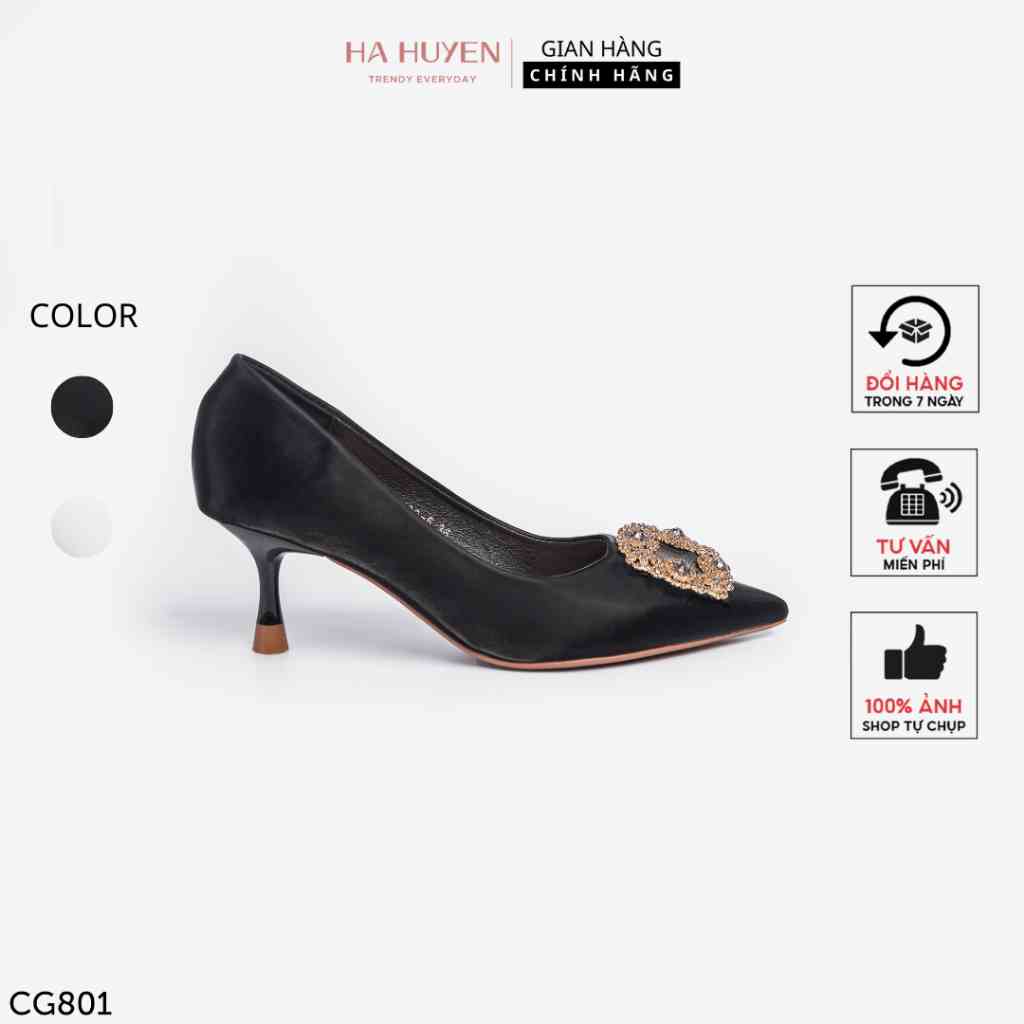 Giày cao gót nữ mũi nhọn Hà Huyền Shoes gót nhọn 5 phân nhung lì đính đá xanh sang chảnh - CG801