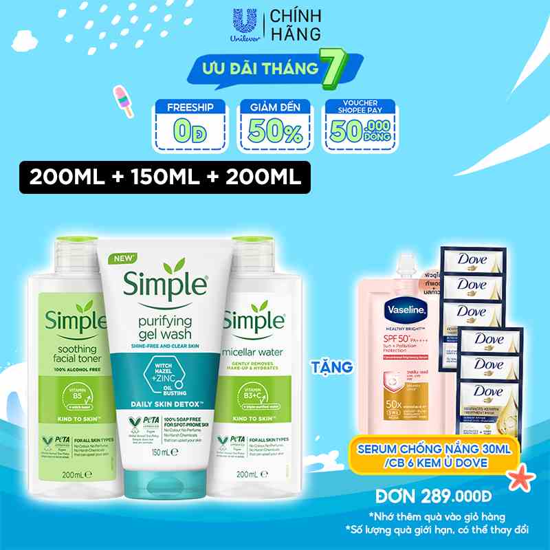 Combo Simple Tẩy trang Micellar 200ml + Sữa rửa mặt 150ml + Nước hoa hồng 200ml ngừa mụn hiệu quả [CHÍNH HÃNG ĐỘC QUYỀN]