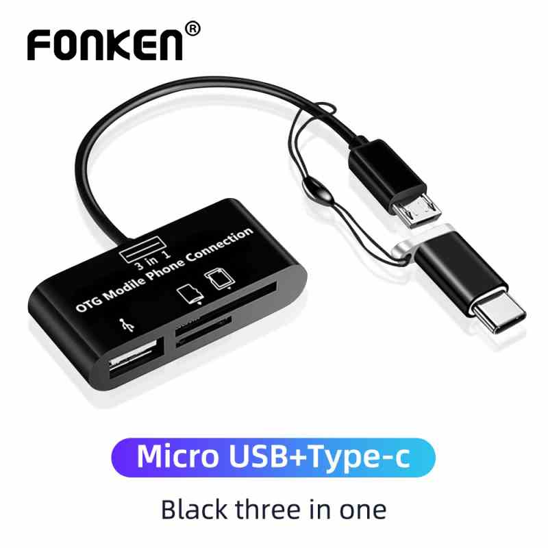 Đầu đọc thẻ Fonken có chức năng OTG 3 trong 1 Type-c Micro-USB USB cho điện thoại Macbook máy tính bảng