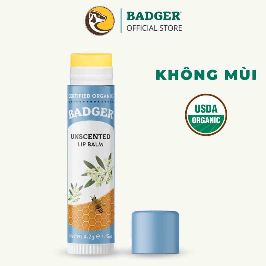 Son dưỡng môi hữu cơ BADGER - Classic Unscented Lip Balm USDA Organic - không màu không mùi 4.2gr