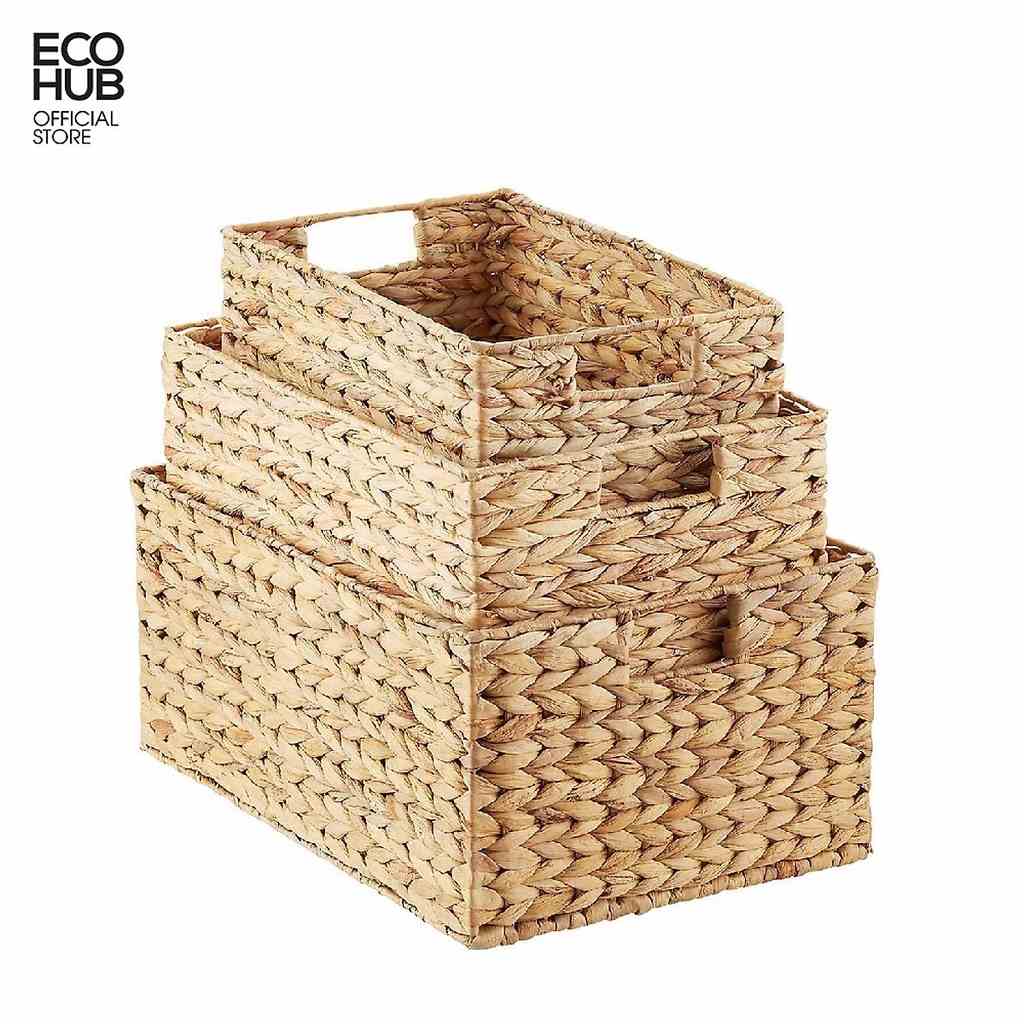 Giỏ Lục Bình ECOHUB, Chữ Nhật, Có tay cầm, Nhiều kích thước. (Water Hyacinth Storage Bins with Handles)