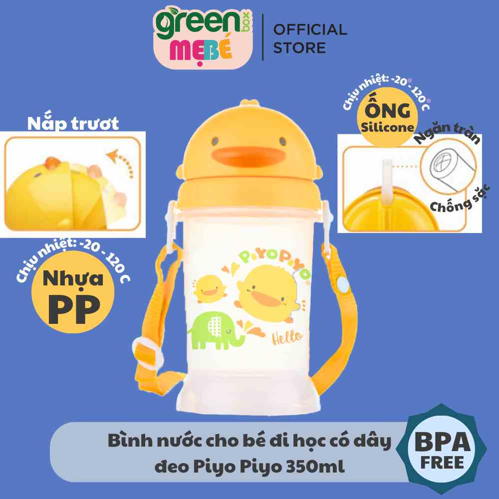 Bình nước cho bé đi học có dây đeo Piyo Piyo 350ml, nắp trượt để mở, ống hút ngăn tràn