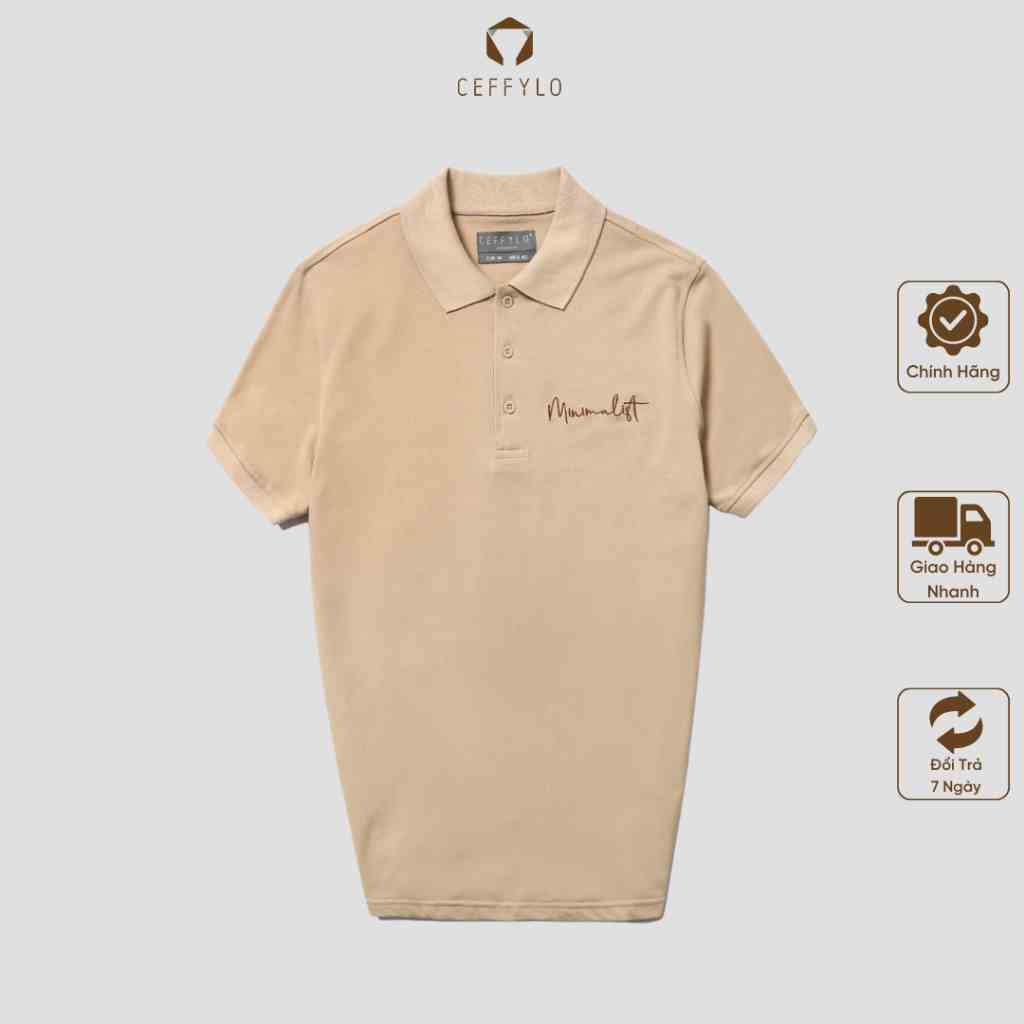 Áo Polo Nam Ceffylo Màu Camel Ngực Thêu Họa Tiết Chữ Minimalist Vải Cotton Mềm Mịn Co Giãn Thoáng Khí Thời Trang Nam