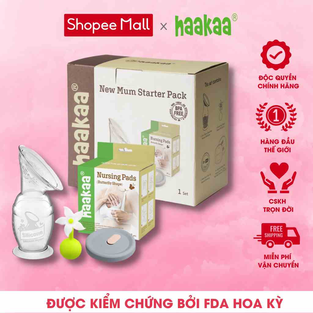 Combo Cốc hứng sữa Gen.2 150ml, hoa chặn trắng, nắp đậy, miếng lót thấm sữa Haakaa