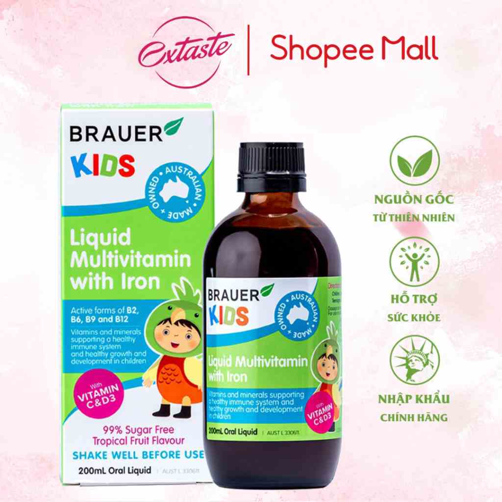 Siro bổ sung vitamin và khoáng chất Brauer Kids Liquid Multivitamin With Iron 200ml cho trẻ từ 3 tuổi