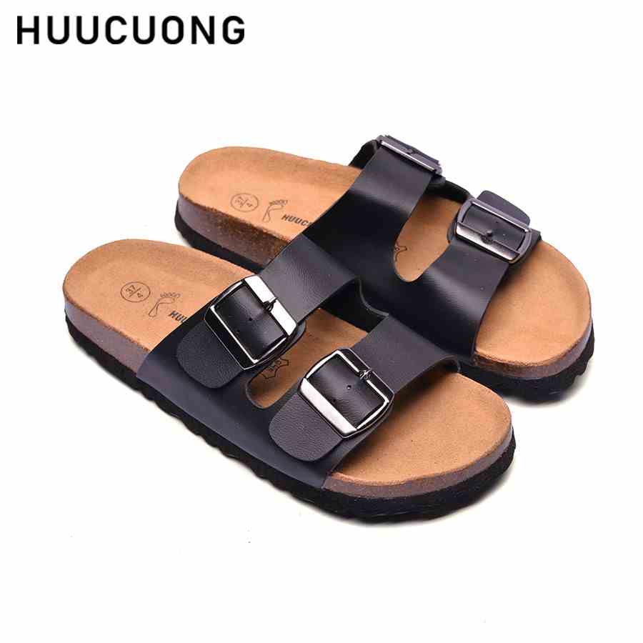 Dép unisex HUUCUONG 2 khóa đen đế trấu