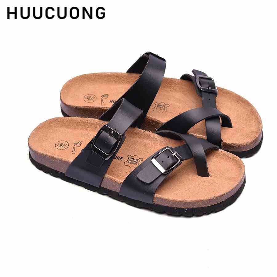 Dép unisex HuuCuong -xỏ ngón pu đen đế trấu handmade