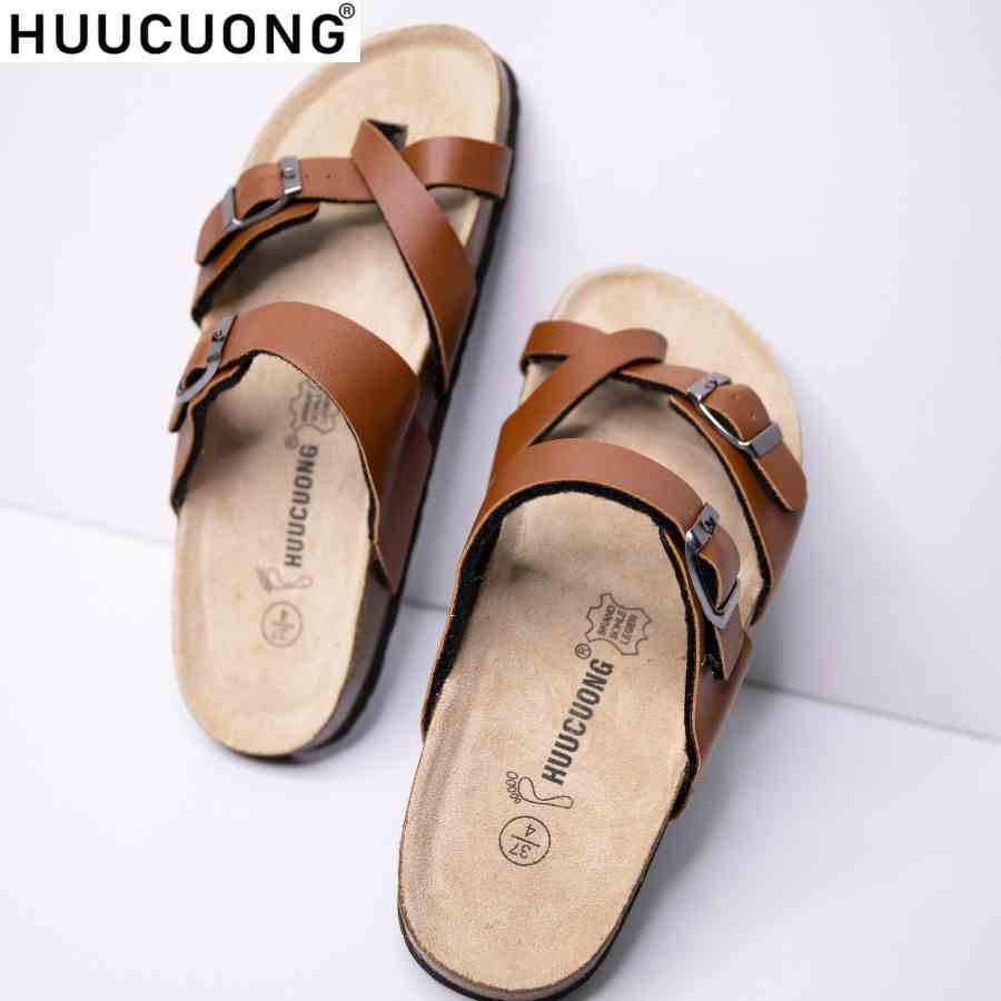 Dép unisex HuuCuong xỏ ngón pu nâu đế trấu