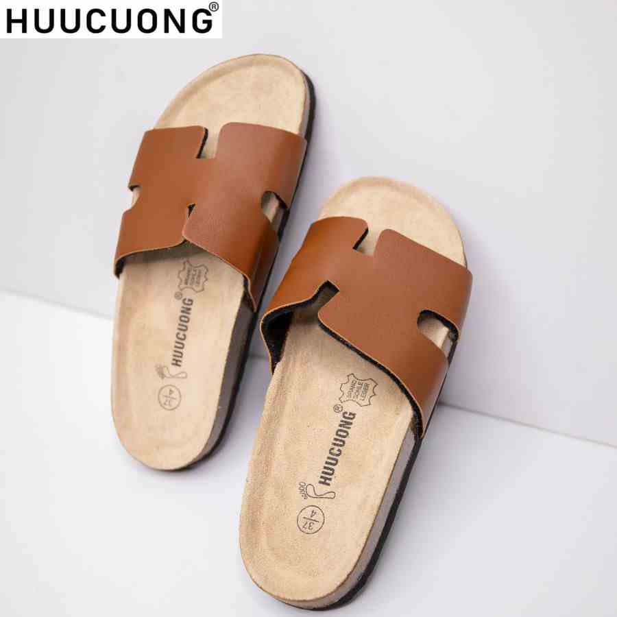 Dép unisex HuuCuong chữ H pu nâu đế trấu handmade