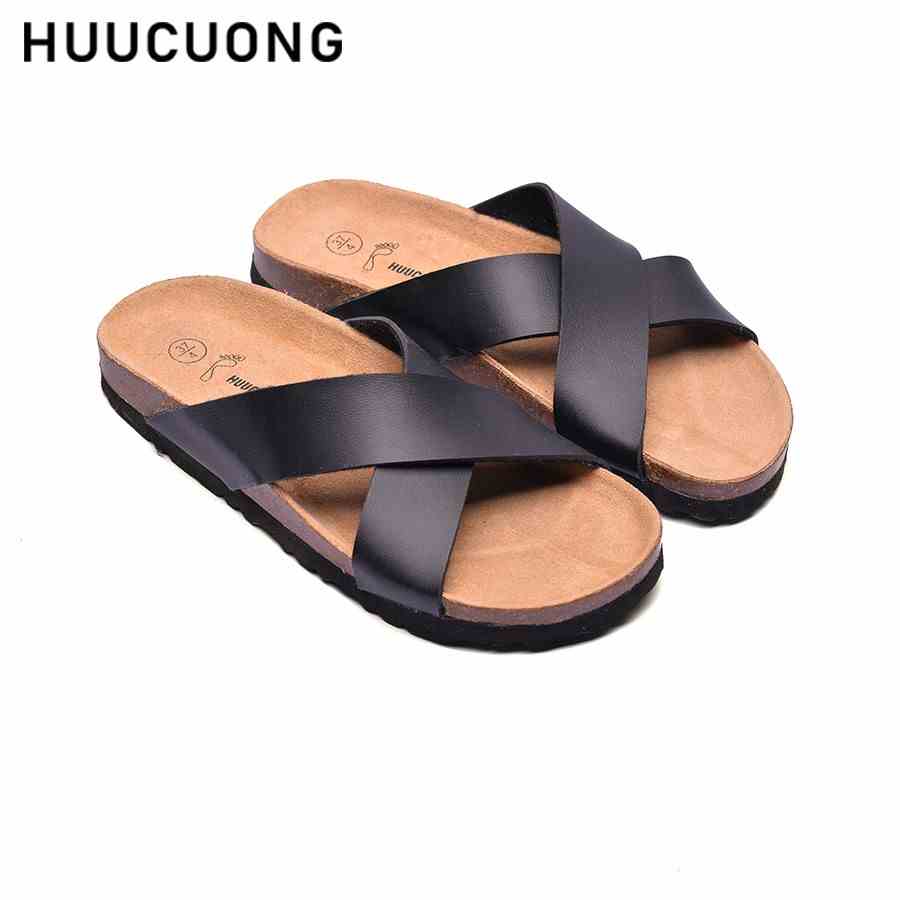 Dép unisex HuuCuong quai chéo đen đế trấu