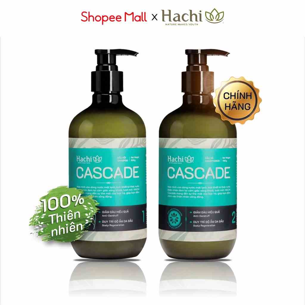 Combo dầu gội xả cao cấp olive HACHI VIETNAM Cascade 500g xanh ngọc dành cho tóc gàu ngứa tinh chất bạc hà