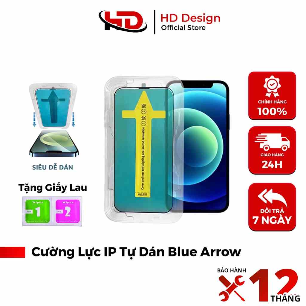 Cường Lực Tự Dán IP Blue Arrow - Khung Dán Tự Động - Tĩnh Điện - Chống Bám Bụi Khi Dán - Chính Hãng HD DESIGN