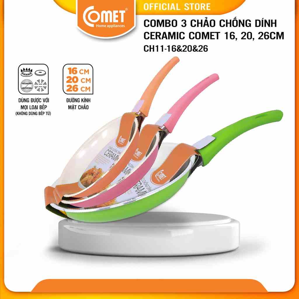 [LIFEMC11M2ADP -12% đơn 250K] Bộ combo 03 chảo chống dính Ceramic cao cấp COMET Size 16cm, 20cm, 26cm