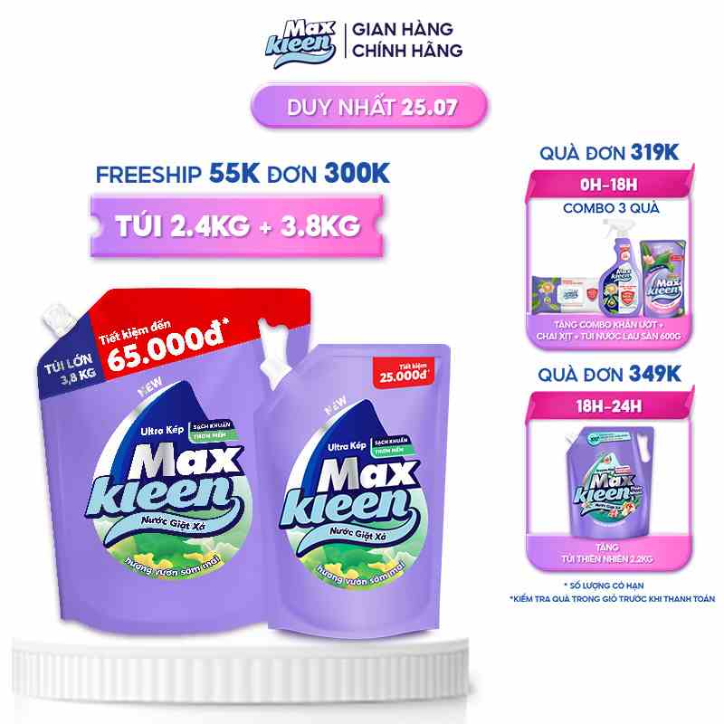 Combo 2 Túi Nước Giặt Xả MaxKleen Hương Vườn Sớm Mai 3.8kg + 2.4kg