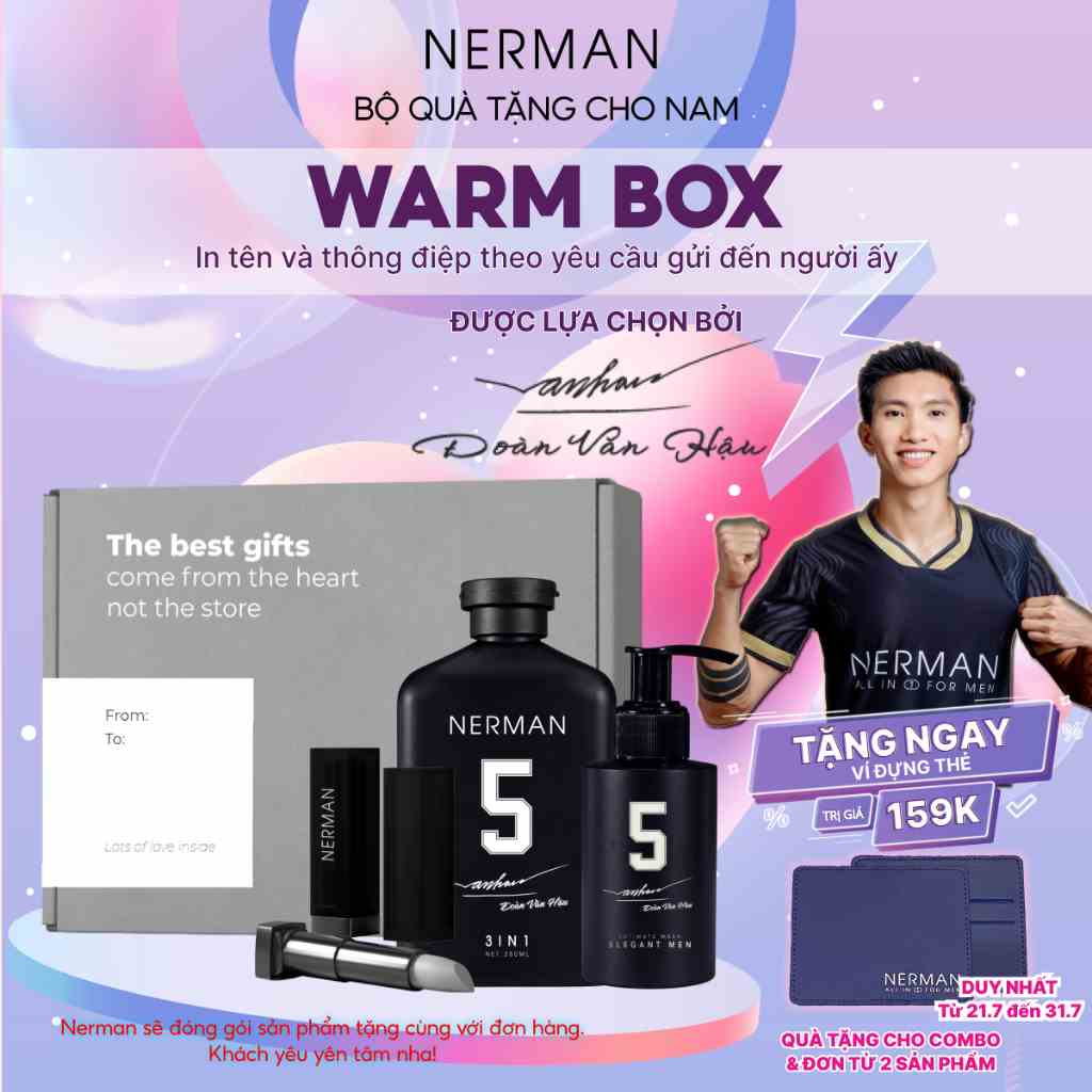 Bộ quà tặng nam giới WARM BOX Nerman - Sữa tắm gội hương nước hoa 3in1 &Dung dịch vệ sinh nam 100m&Son dưỡng cho nam4g