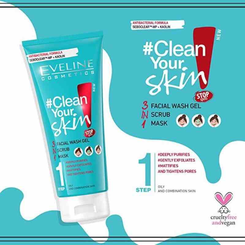 Gel rửa mặt sạch sâu ngừa mụn Eveline 3 trong 1 Clean Your Skin 200ml ( mẫu mới)