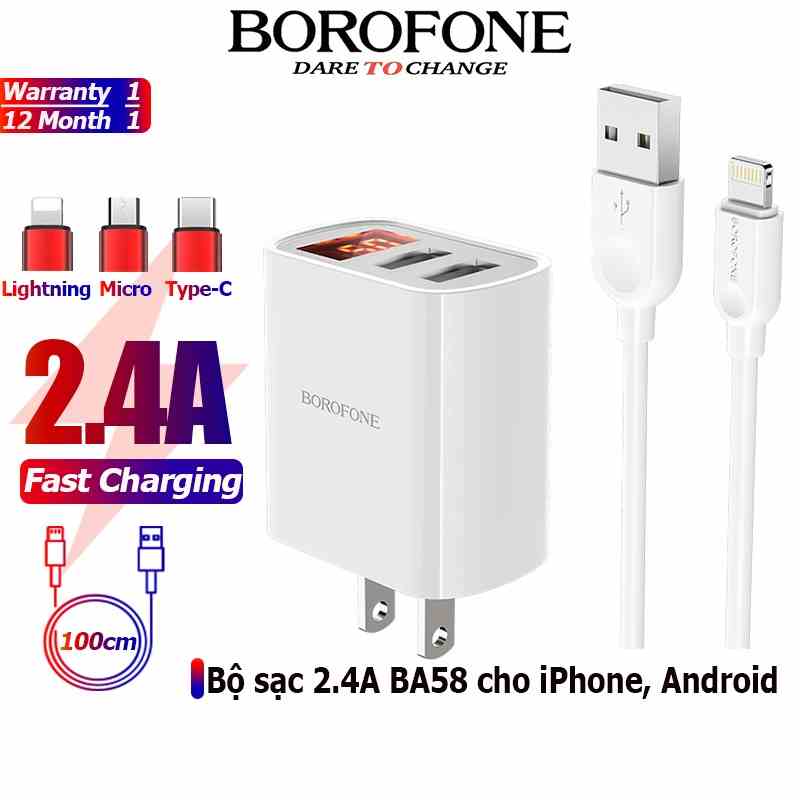 Bộ sạc cáp 2.4A BOROFONE BA58 đèn LED 2 cổng USB dây dài 1m - Chính hãng