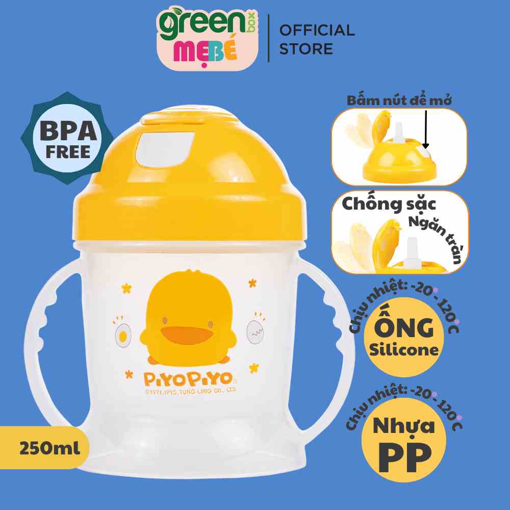 Bình tập uống hai tay cầm nắp bật cho bé Piyo Piyo 250ml bấm nút để mở, ống hút ngăn tràn