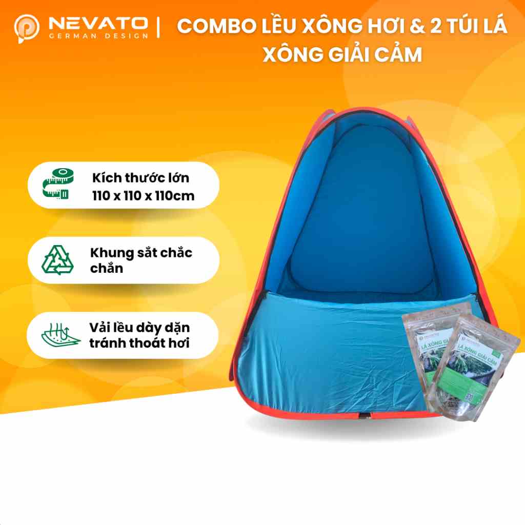 Combo Lều Xông Hơi Cao Cấp Tự Bung Giữ Nhiệt và 2 Túi Lá Xông Giải Cảm Nevato Kích Thước 110cm x 110cm x 110cm