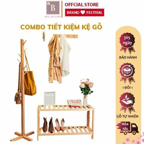 COMBO Cây Treo Gỗ Thông, Kệ Giày 2 Tầng, Móc Gỗ Treo Quần Áo BTC DECOR - Chịu Lực Tốt, Chống Mối Mọt - Bảo Hành 12 Tháng