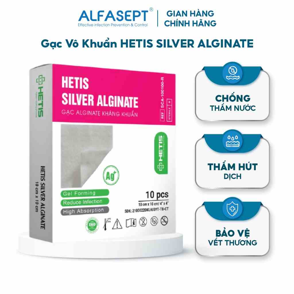 Gạc Cho Vết Thương Nhiễm Trùng HETIS SILVER ALGINATE Thấm Hút Dịch Tốt, kháng Khuẩn, Liền Thương Nhanh (1 Miếng)