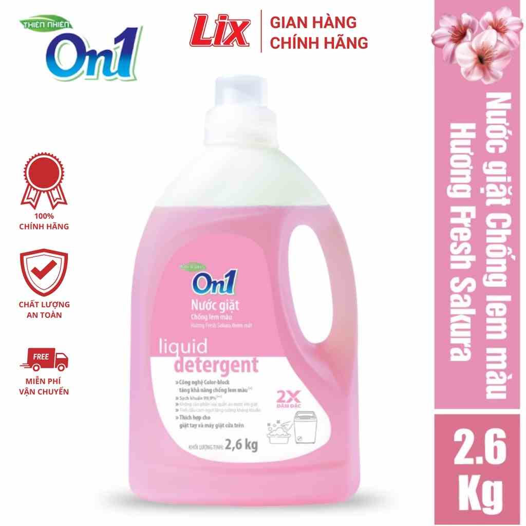 Nước giặt xả On1 chống lem màu hương Fresh Sakura 2.6Kg N8401 sạch khuẩn, khử mùi, thơm lâu cho giặt tay, máy