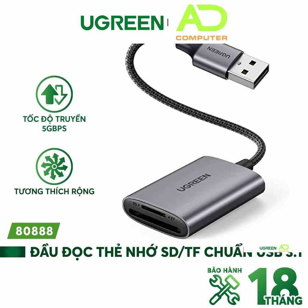 Đầu đọc thẻ SD/TF chuẩn USB 3.1 Type-C Ugreen 80888 vỏ nhôm cao cấp - Hàng phân phối chính hãng