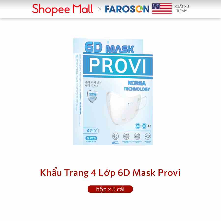 [GIFT] Khẩu Trang 4 Lớp Faroson Provi 6D Hộp 5 cái