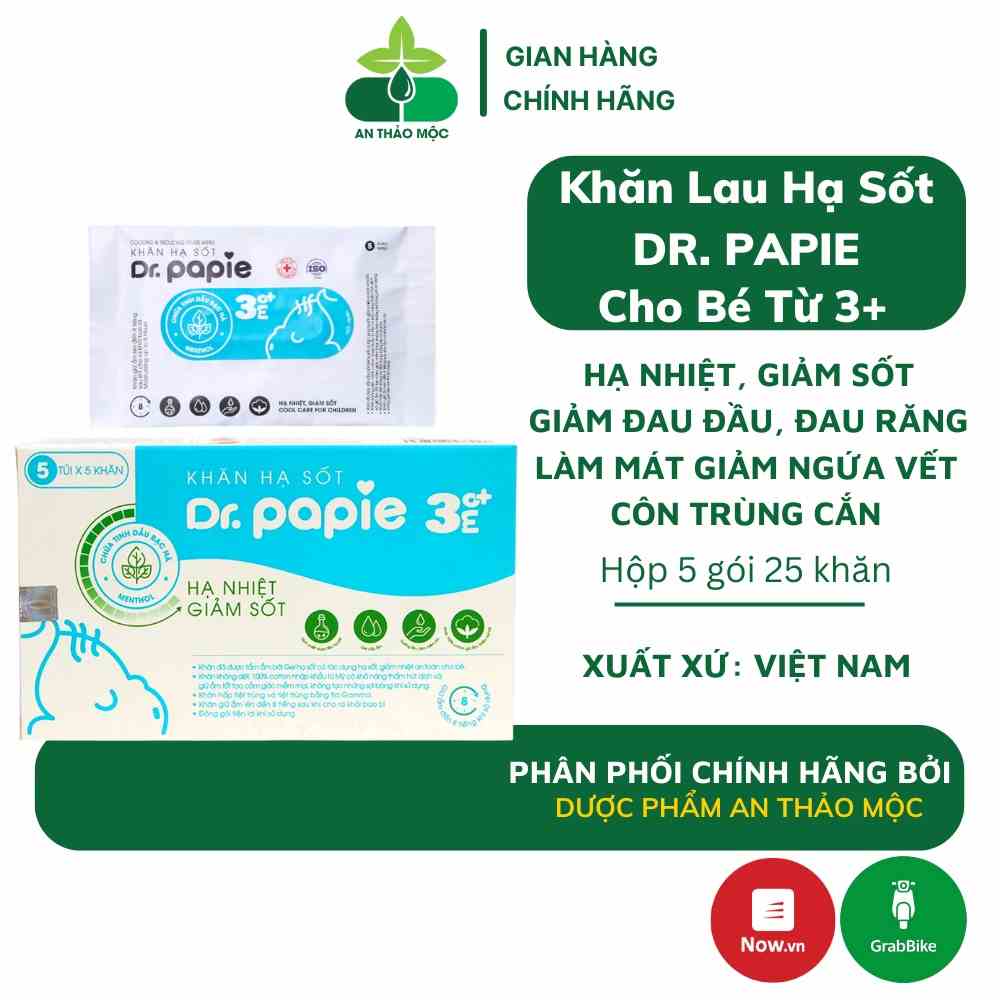 Khăn lau hạ sốt Dr Papie cho bé từ 3 tháng tuổi hạ nhiệt giảm sốt làm mát da ngừa côn trùng đốt