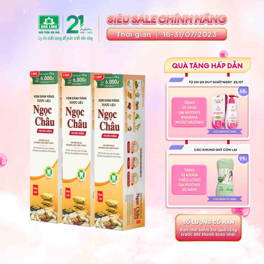 Bộ 3 tuýp Kem đánh răng dược liệu Ngọc Châu Truyền thống 170g