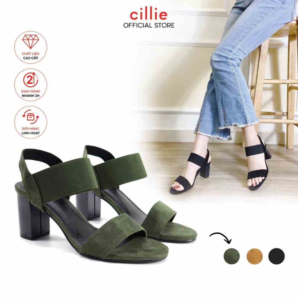 Giày Sandal Nữ Cao Gót Cillie Đế Vuông 7p Quai Ngang Basic Phối Mới Lạ Thời Trang 1010