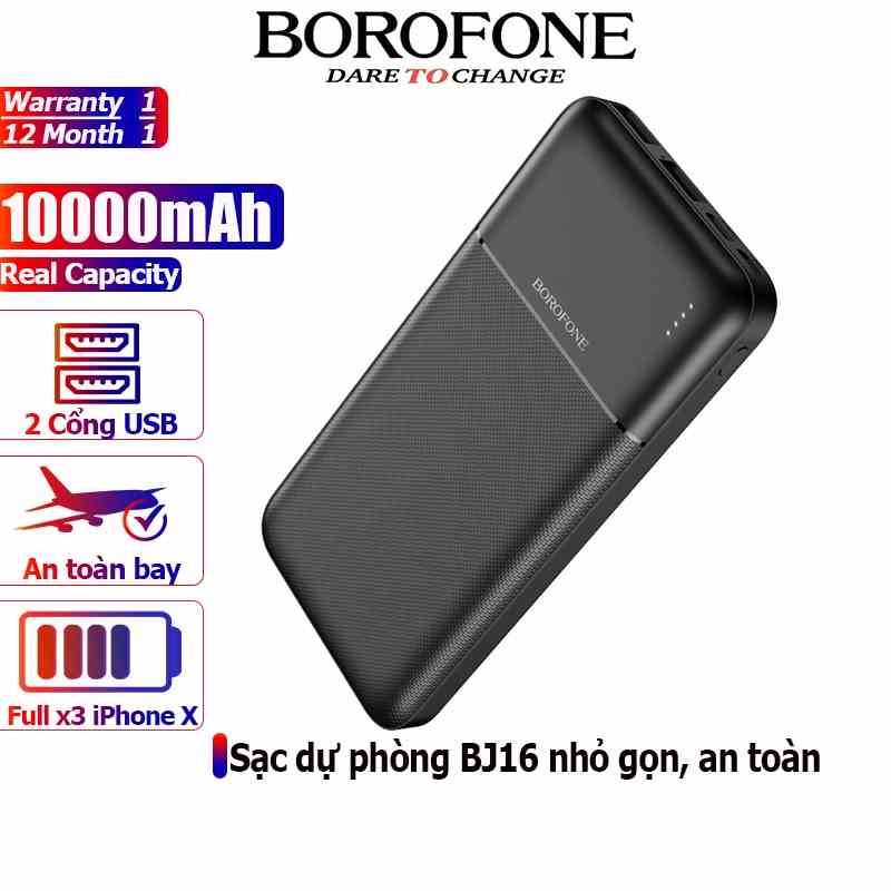 Pin sạc dự phòng 10000mAh BOROPHONE BJ16 có đèn báo pin, 2 cổng ra 2A - Chính hãng