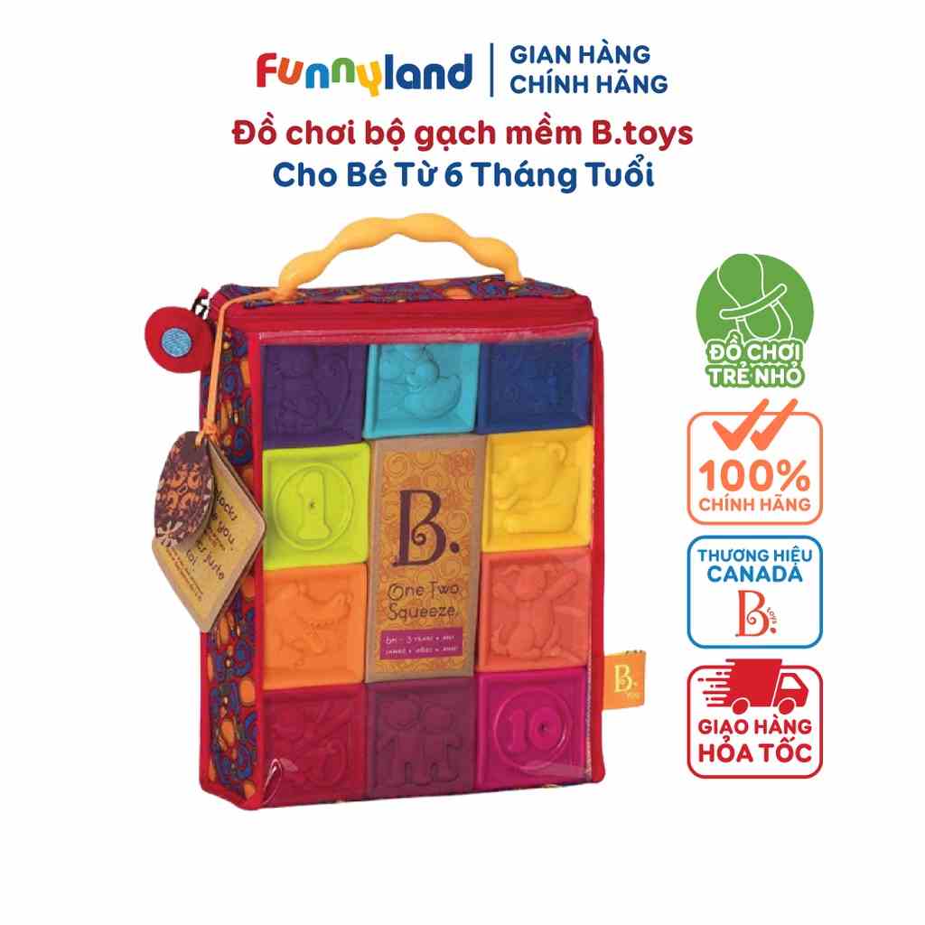 [Mã BMLTA35 giảm đến 35K đơn 99K] Đồ chơi bộ gạch mềm B.toys cho bé từ 6 tháng tuổi - Baby Blocks One Two Squeeze