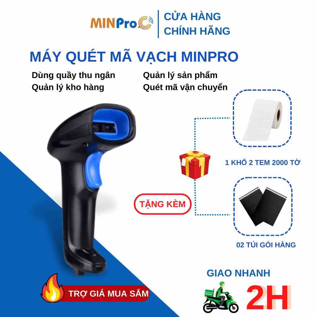 Máy quét mã vạch MINPRO không dây bluetooth 2.4Ghz, quét mã vạch hàng hóa, công nghệ laser