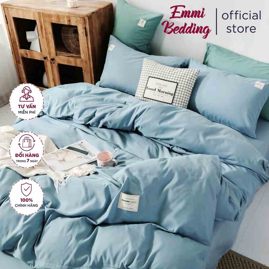 [Mã BMLTB35 giảm đến 35K đơn 99K] Bộ Chăn Ga Gối Cotton TC Emmibedding cao cấp - Xanh da trời full