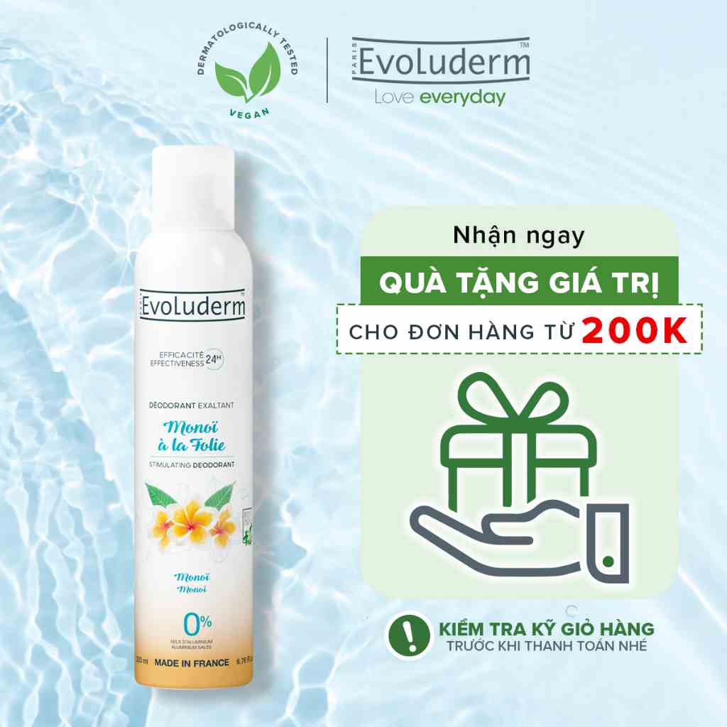 Xịt khử mùi toàn thân Evoluderm chiết xuất hoa Monoi ngăn khuẩn gây mùi suốt 24h - 200ml