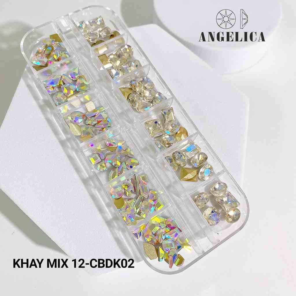 Khay 12 ô đá khối mix đá chân bằng đính nail trắng AB trang trí móng ANGELICA M12-CBDK