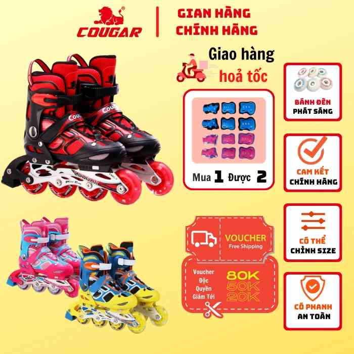 Giày Trượt Patin Trẻ Em Cougar 835LSG, Có Bánh Đèn Phát Sáng, Có Nút Chỉnh Size Tiện Lợi