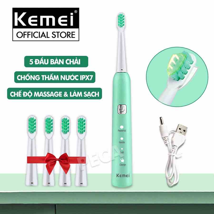 Bàn chải đánh răng điện KEMEI KM-YS713 công nghệ rung siêu âm sạch gấp 200 lần bàn chải thường Tặng kèm 5 đầu bàn chải