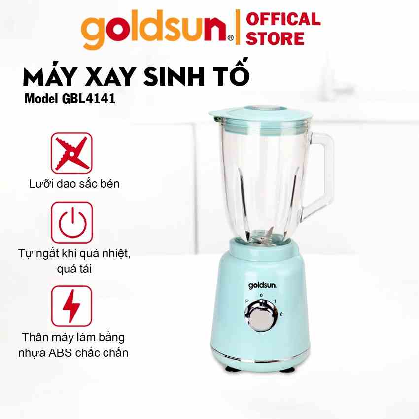 Máy xay sinh tố Goldsun GBL4141 màu xanh dương Pastel cống suất 800W cối xay thủy tinh 1.5L lưỡi dao inox 304 4 cánh