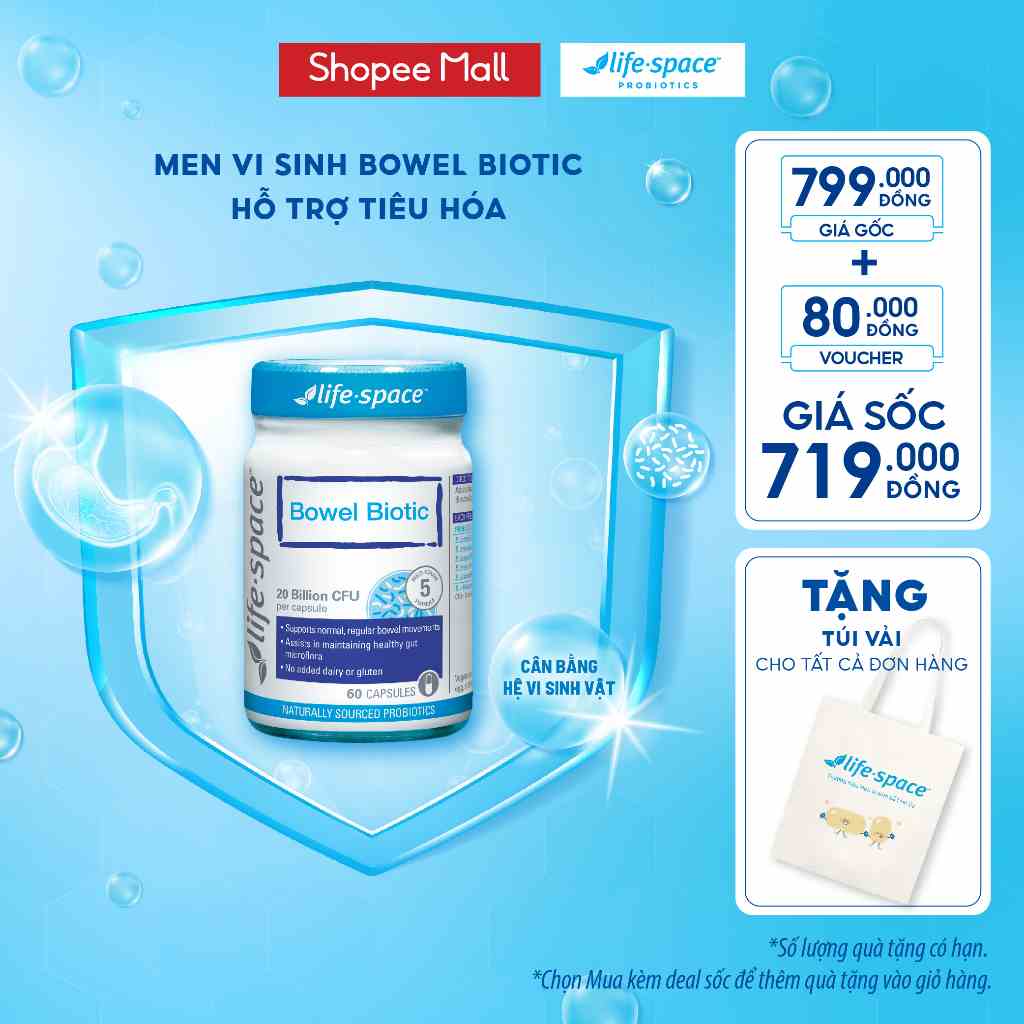 Men vi sinh hỗ trợ tiêu hóa dành cho người lớn 60 viên Life Space Bowel Biotic