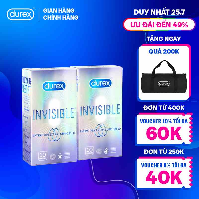 Bộ 2 hộp bao cao su Durex Invisible Lubricated siêu mỏng, bôi trơn (size 52mm, 10 bao/hộp)