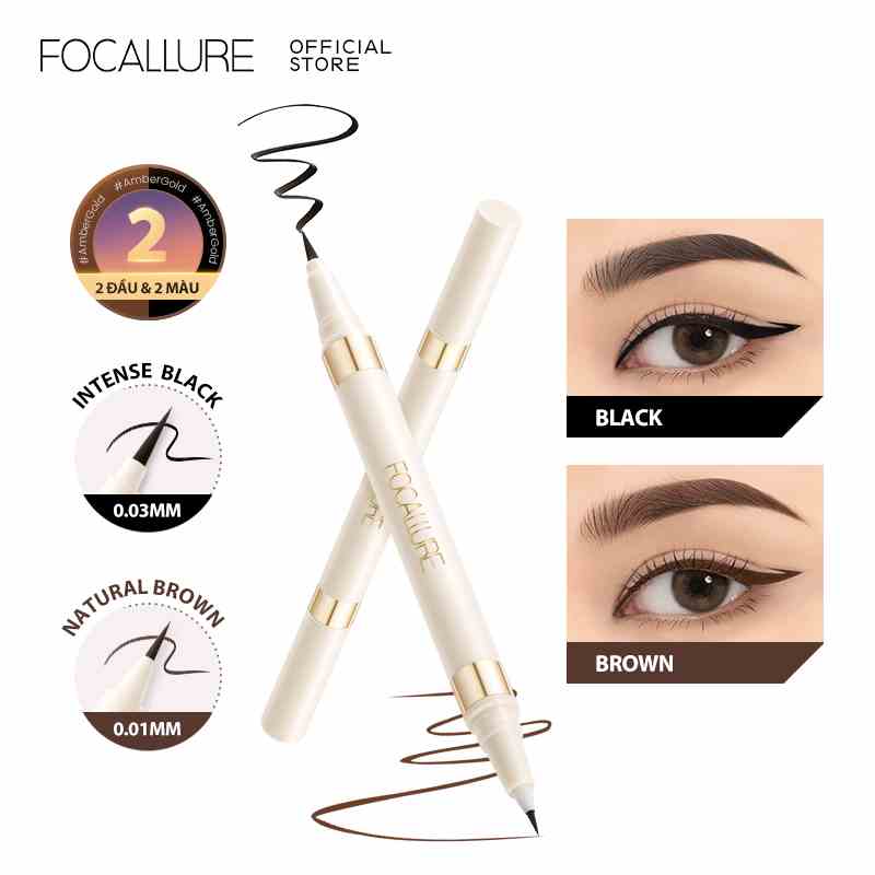 Bút kẻ mắt dạng lỏng FOCALLURE 2 đầu trong 1 khô nhanh chống nước không nhòe màu đen nâu 1.2g