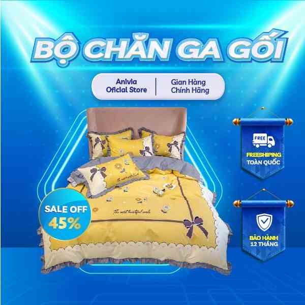 Bộ chăn ga gối cotton 4 món bèo siêu xinh Anivia, chất cotton dầy dặn thoáng, miễn phí may ga giường