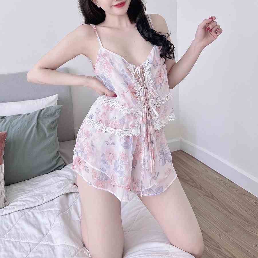 Đồ Ngủ Sexy Nữ SOJUN Bộ Chiffon Phối Ren 2 Tầng Dưới 65Kg