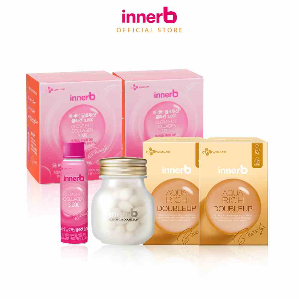 Combo 02 Hộp 6 chai nước uống Collagen Vitamin C sáng da InnerB Glowshot và 02 Thực phẩm bảo vệ sức khỏe INNERB AQUA